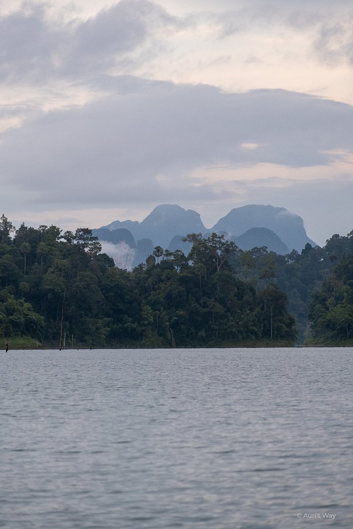 Paysage brumeux au coucher du soleil dans le parc national khao sok