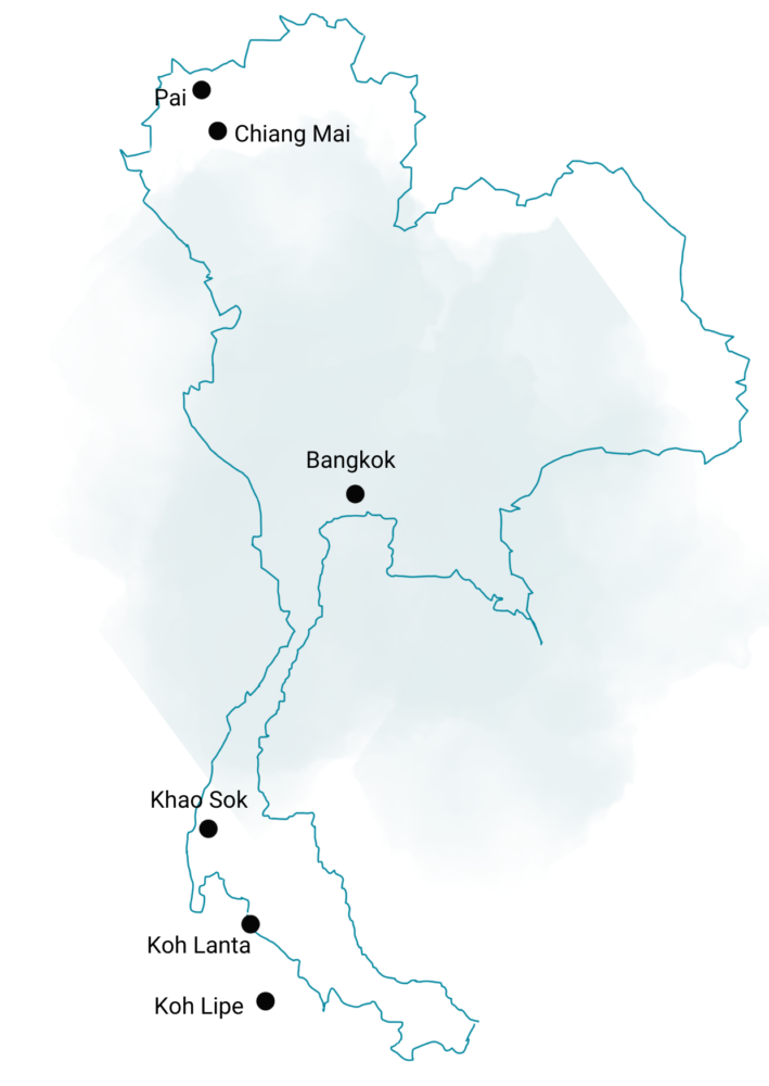 Map of Thailand showing our itinerary for 3 weeks in Thailand
