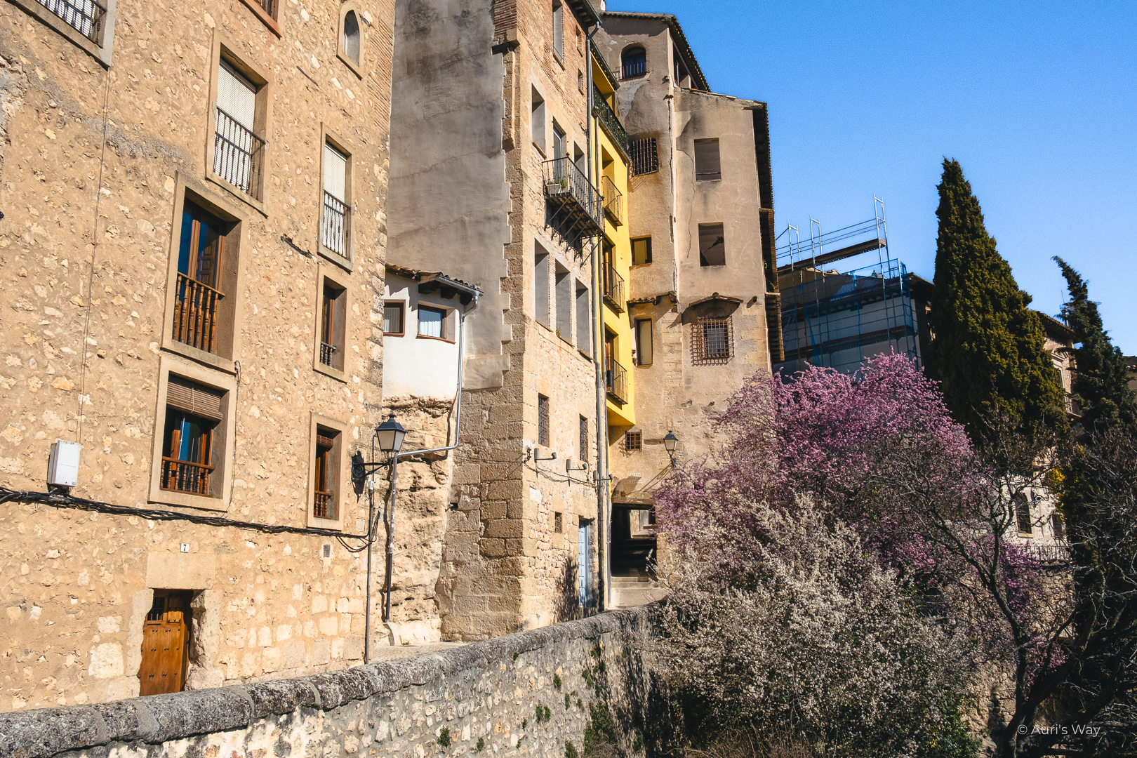 Une ruelle au style médiéval à Cuenca, entourée d'arbres en fleurs.