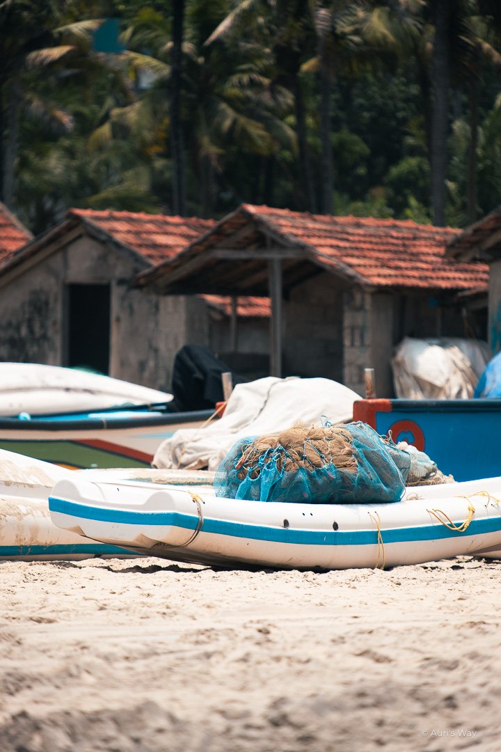 Un bateau de pêche portant les filets sur la plage de Kappil au Kerala
